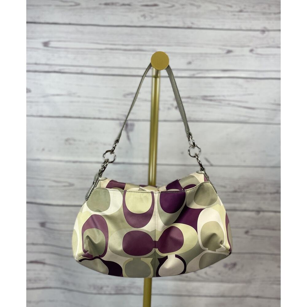 Coach Soho Signature Scarf Print Small Shoulder Bag Purple Silver Satin Handbag - Picture 2 of 13